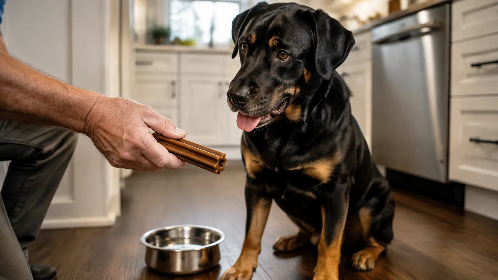 A person's hand holding out a dental chew toward a large dog sitting next to a stainless steel water bowl