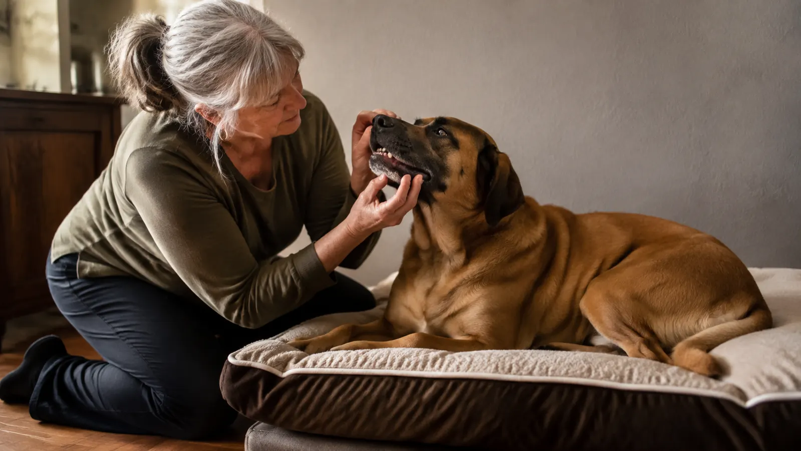 An older woman kneeling beside a large dog on a dog bed and gently looking at the dog's mouth