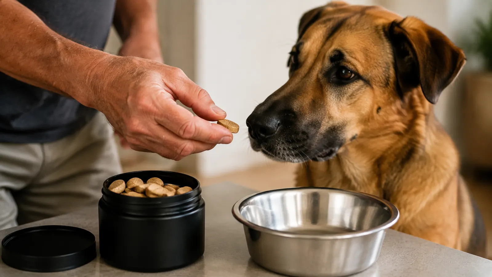 A hand offers a chewable tablet to a dog next to a stainless steel bowl