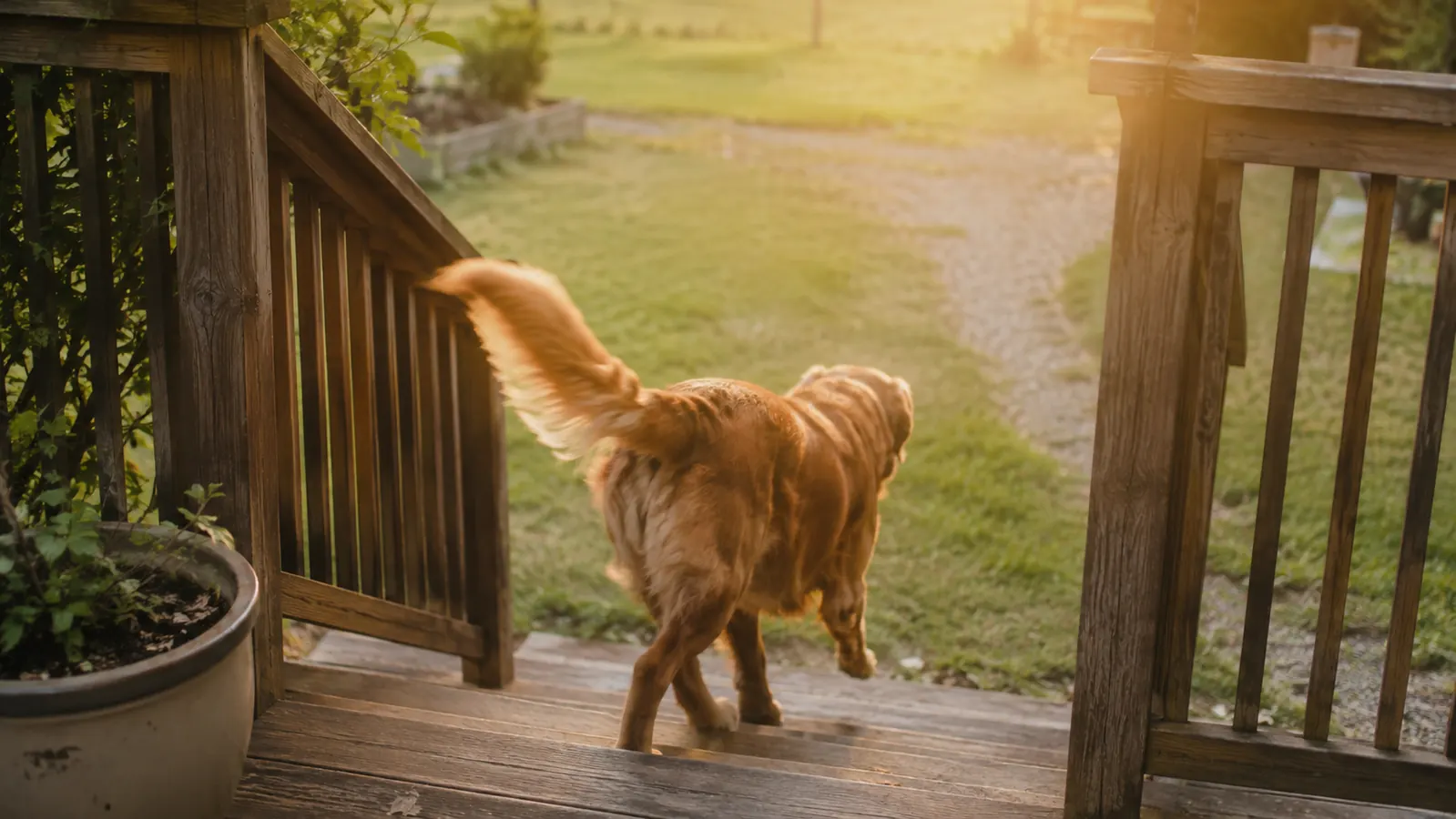 A dog walks down wooden deck stairs into a grassy yard