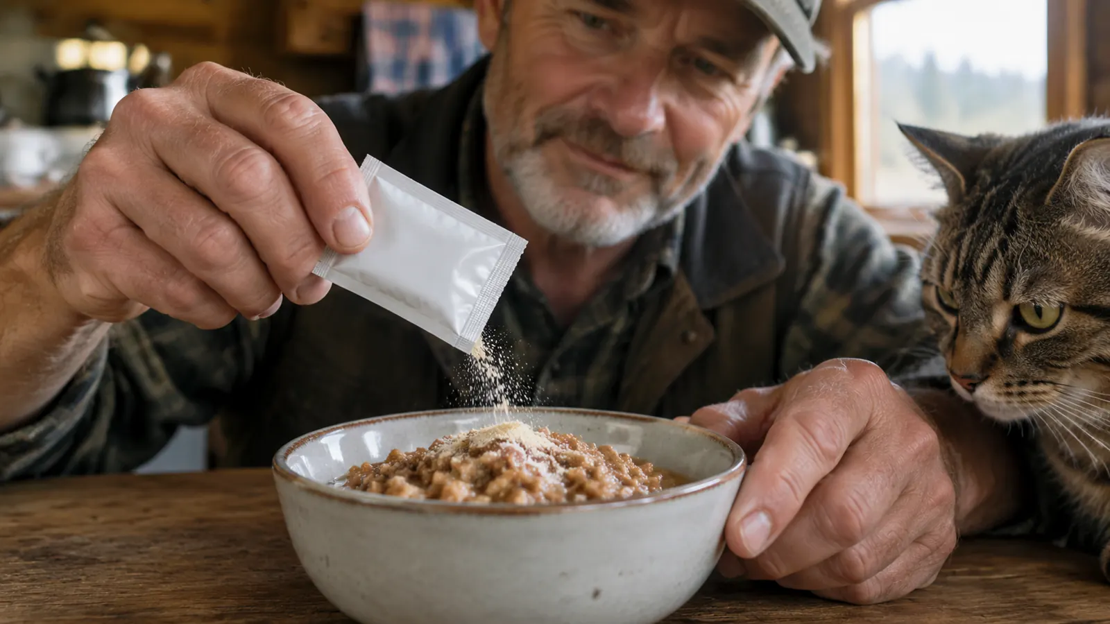 A hand sprinkling powder from a small packet over wet food in a ceramic dish