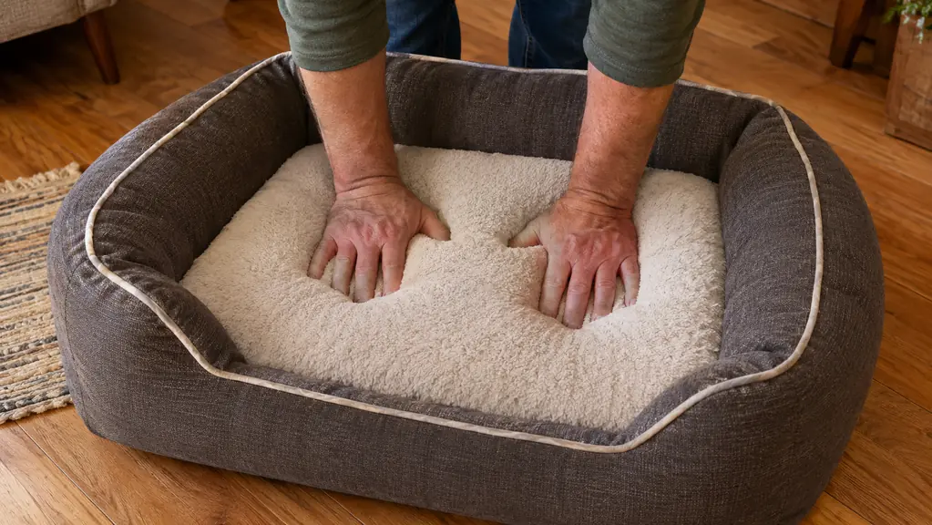 A woman's hands pressing down into the thick foam base of an orthopedic dog bed to show how much it compresses