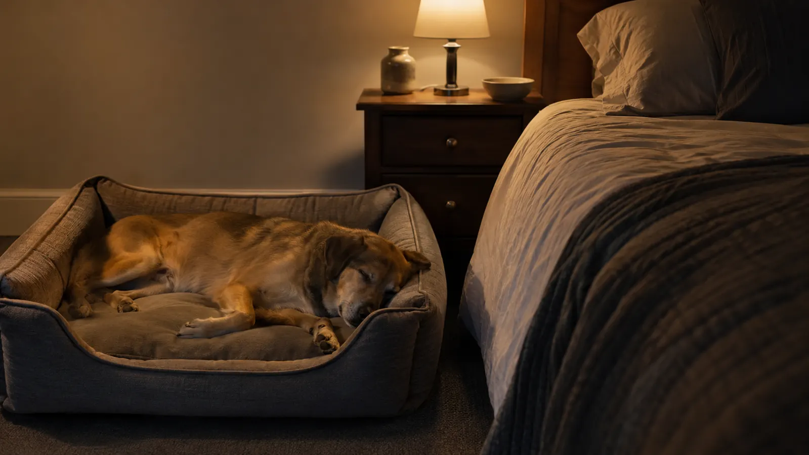 A large mixed-breed dog resting on a thick orthopedic dog bed beside a human bed at night, lit by a dim lamp