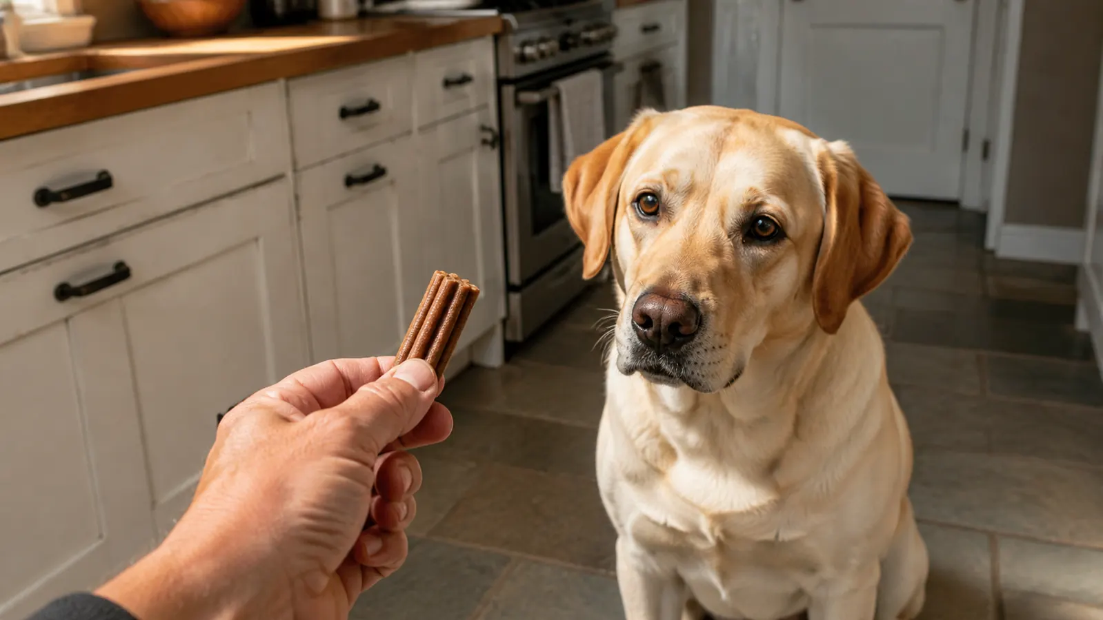 a person holding a small chew out to the dog sitting on the floor