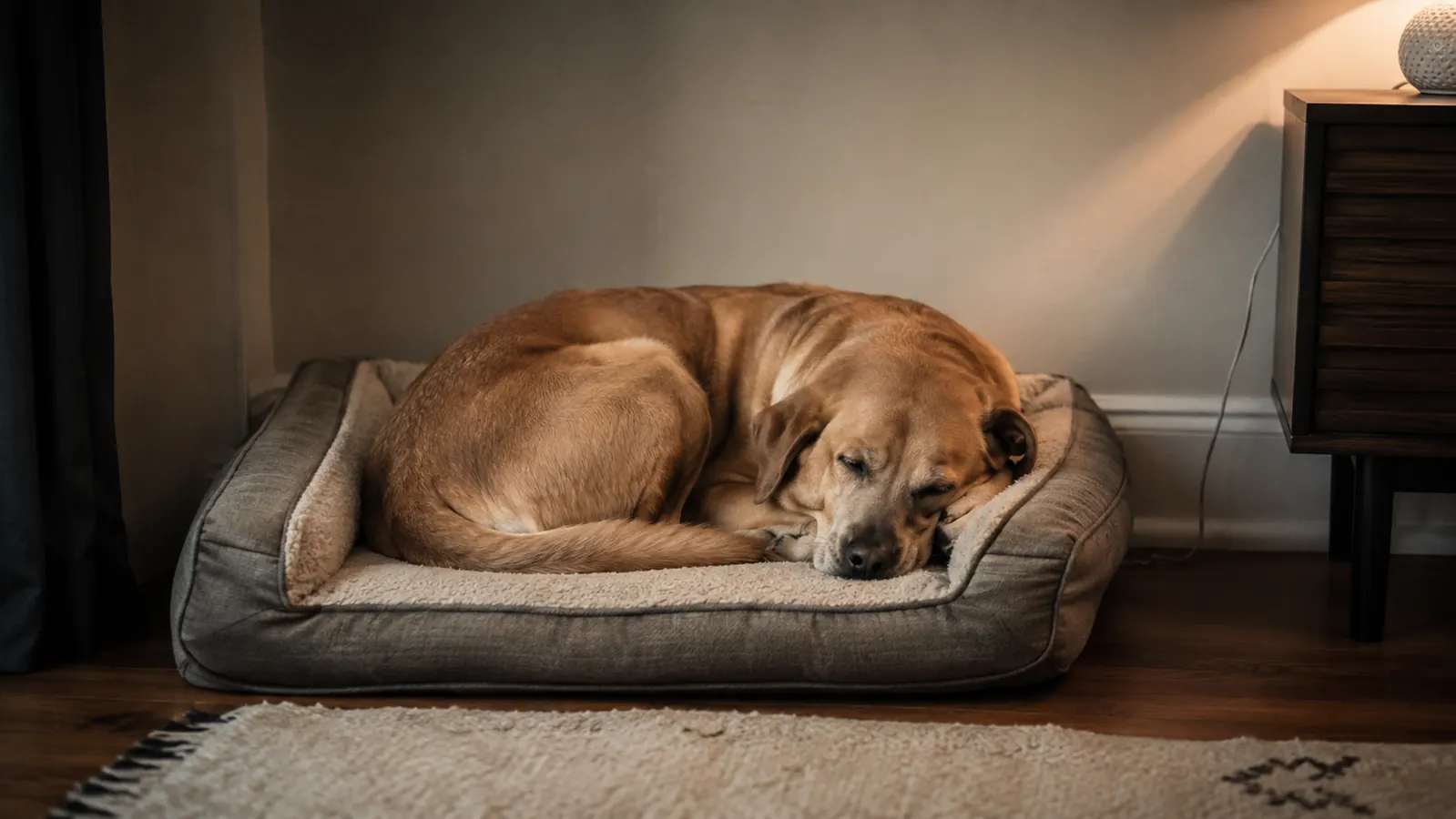 the dog curled up on a dog bed, calm and still in the evening