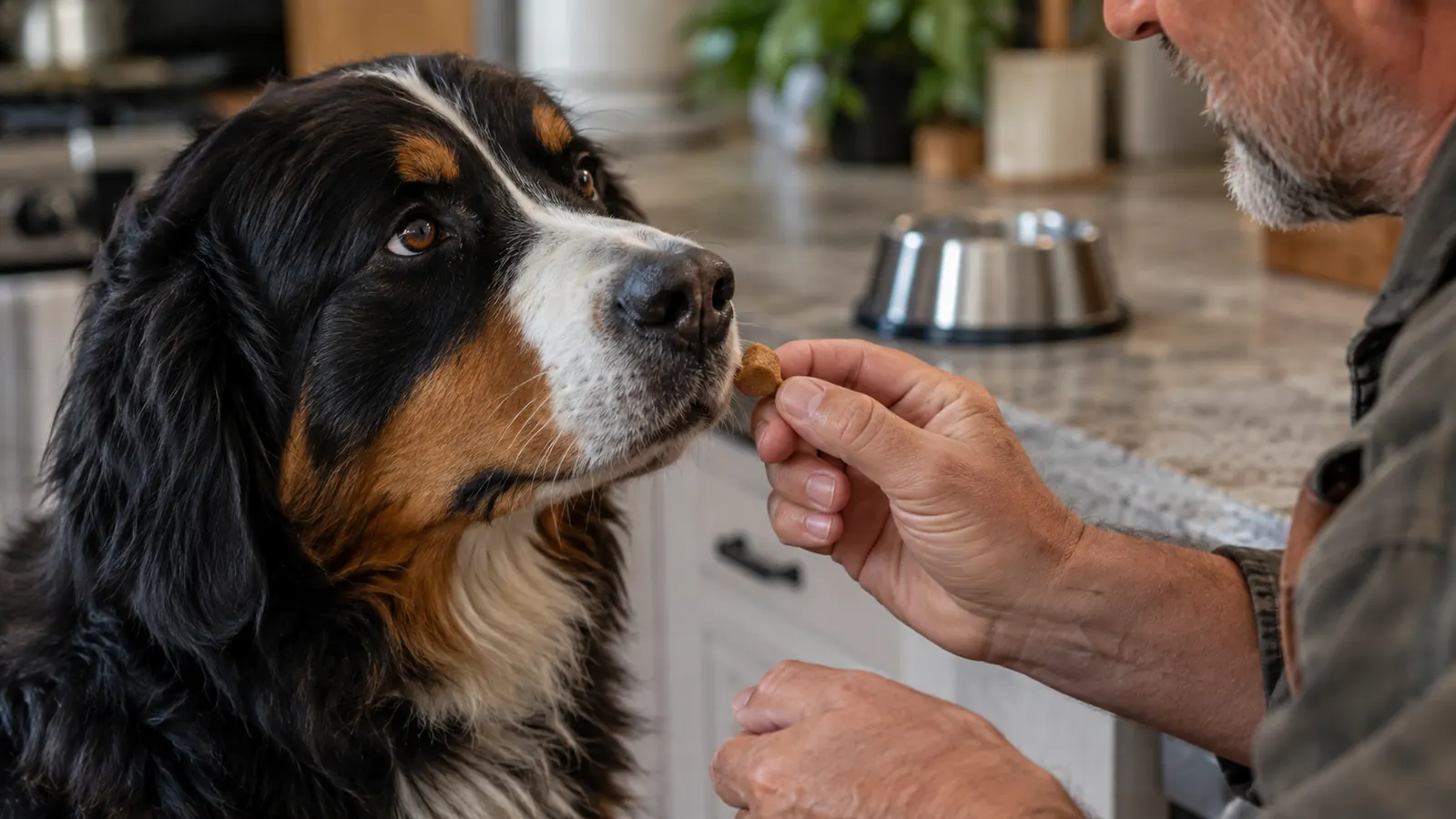 A hand offering a small chew to a large dog in a bright kitchen