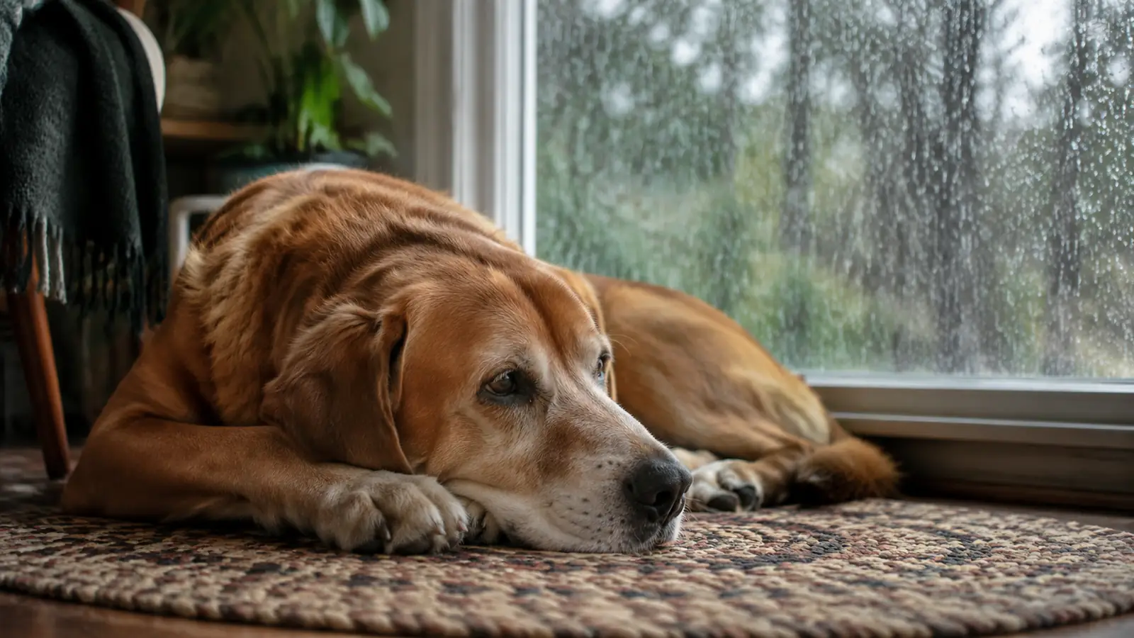 A large dog curled on a rug near a window while rain streaks the glass outside