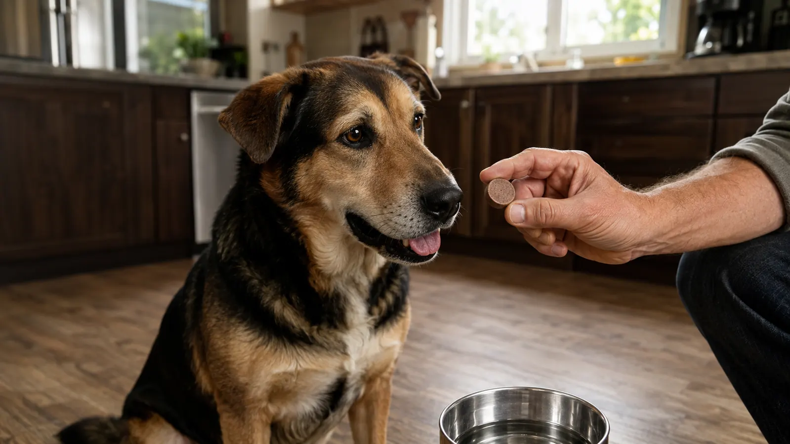An adult hand offering a chew tablet to a medium-large dog beside a stainless steel bowl on a kitchen floor