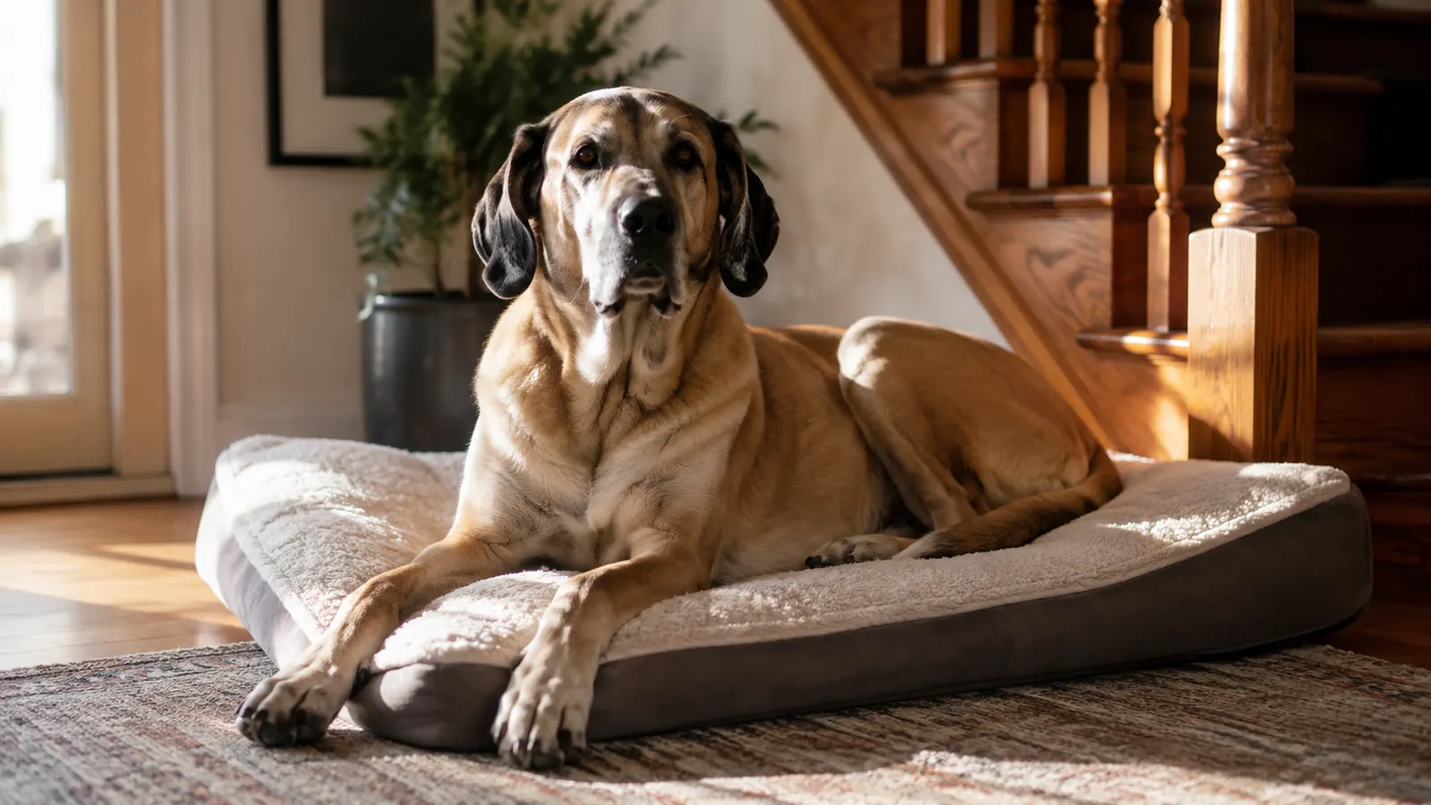A large dog lying comfortably on an orthopedic dog bed in a sunlit living room with wooden stairs visible in the background