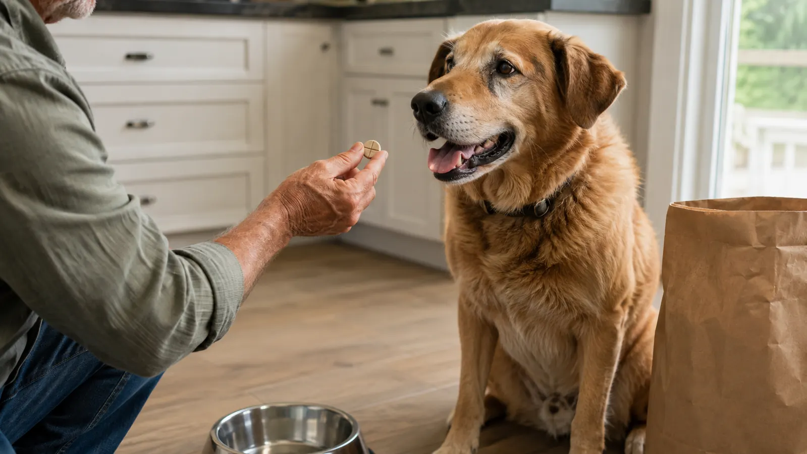 A hand holding out a chew tablet to a dog sitting on a kitchen floor near a stainless steel bowl.