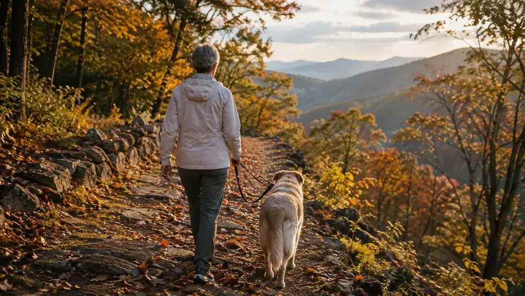 A woman in her fifties walking a large dog down a leaf-covered mountain trail in autumn.