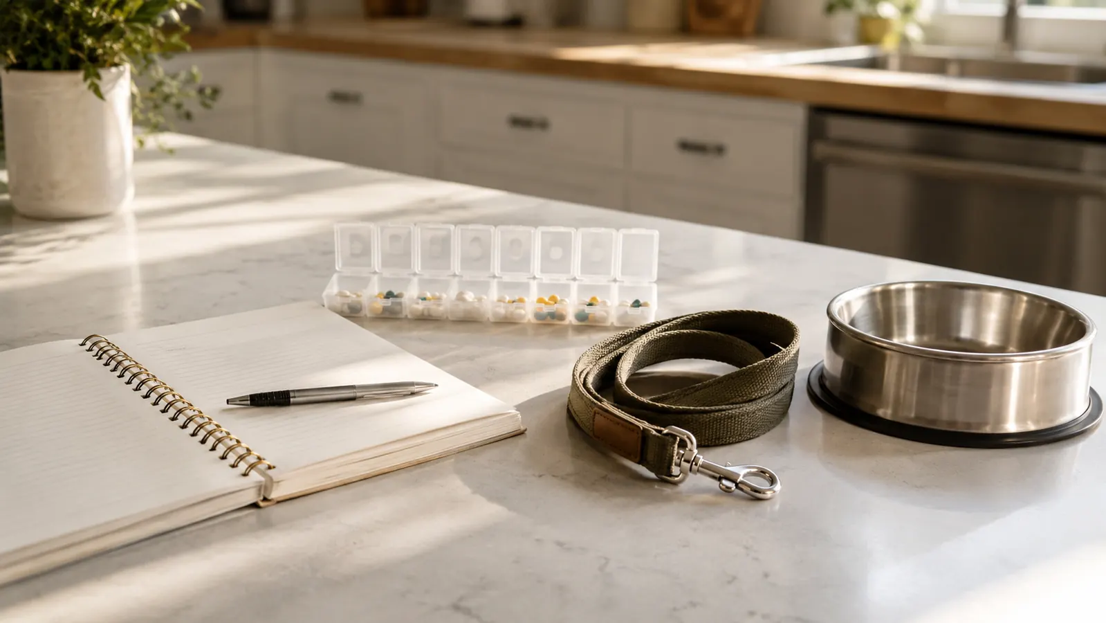 A kitchen counter holding an open notebook, a pen, a weekly pill organizer, and a rolled dog leash