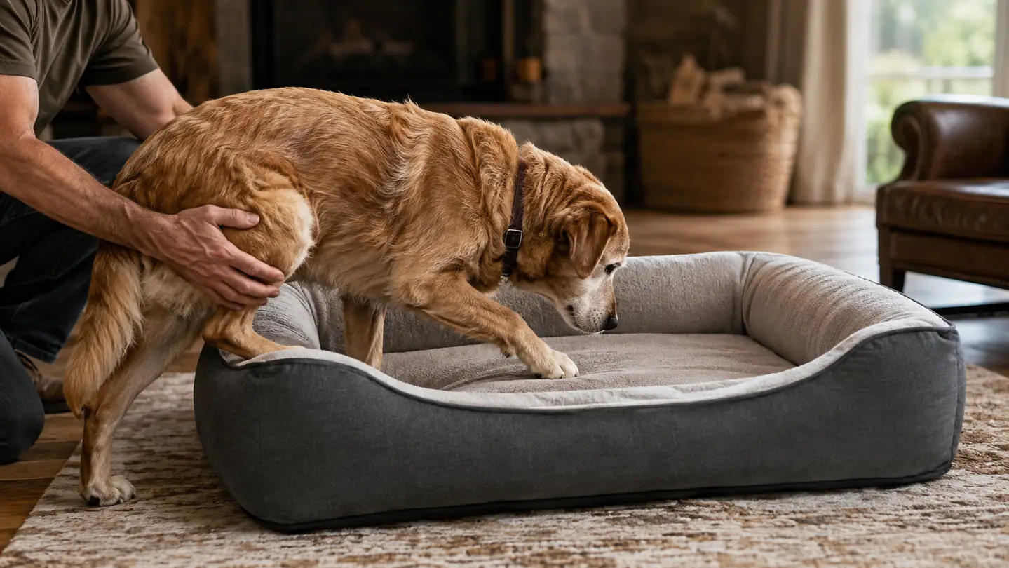 A large dog stepping onto an orthopedic dog bed with raised sides