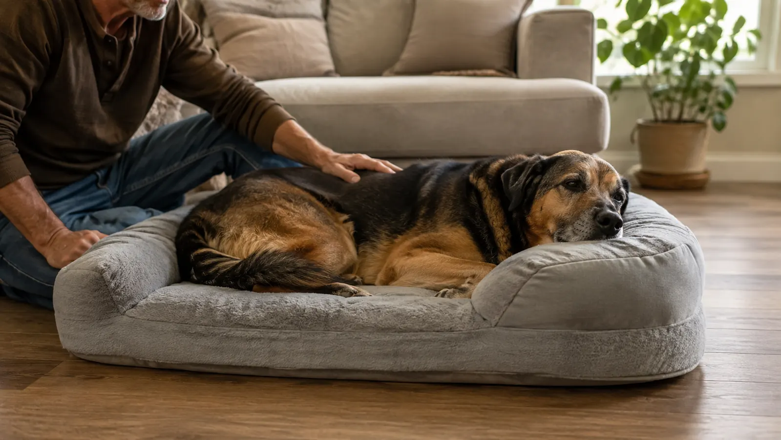 Dog lying in a large orthopedic dog bed with its head resting on the raised side, seen from a low angle