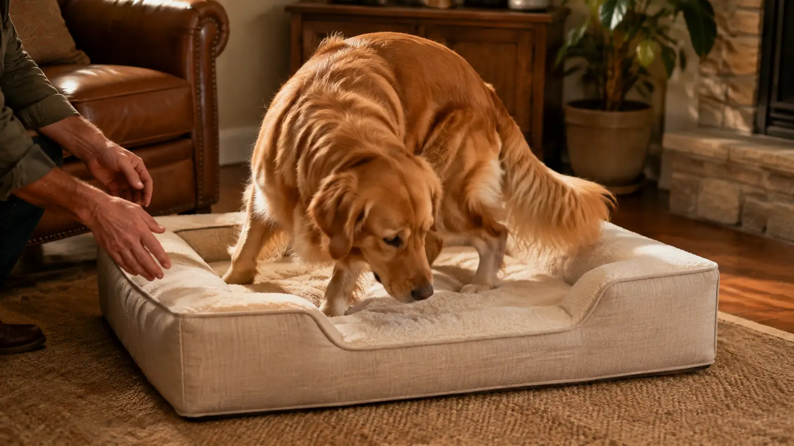 A large mixed-breed dog settling onto an orthopedic dog bed in a living room