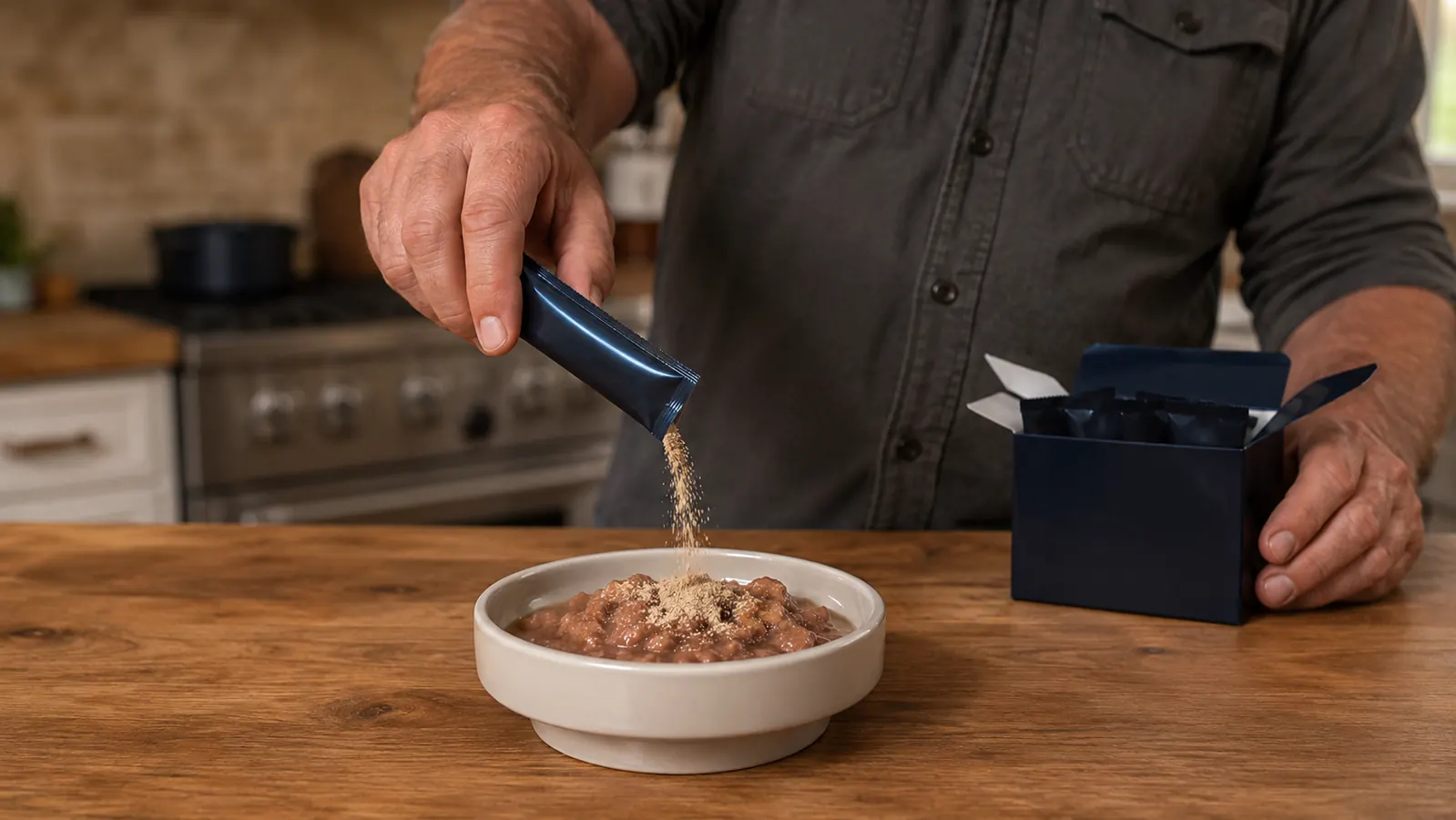 Hand sprinkling powder from a small package over a bowl of wet cat food.
