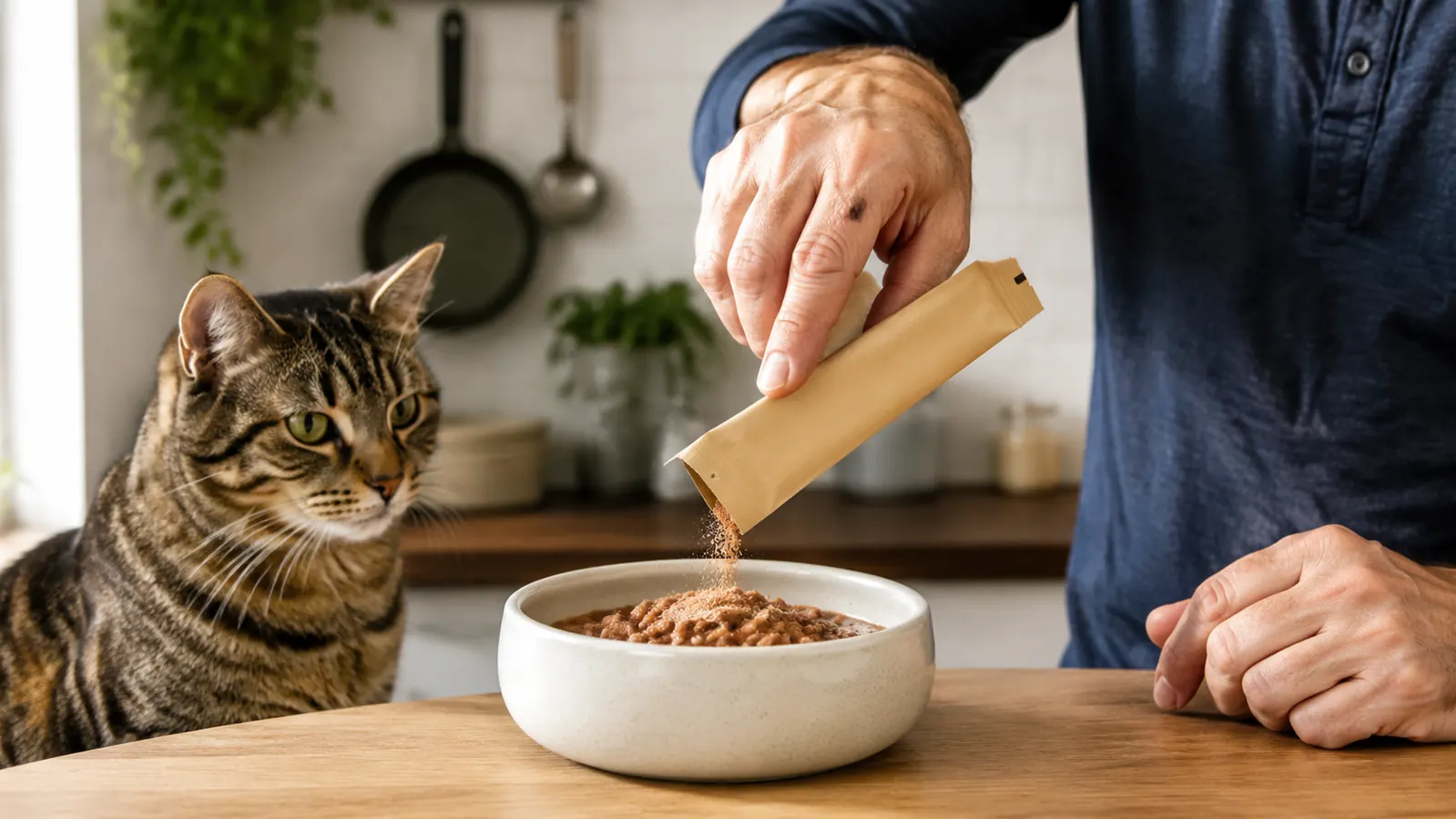 A hand sprinkling powder from a packet into a cat's food bowl while a cat watches