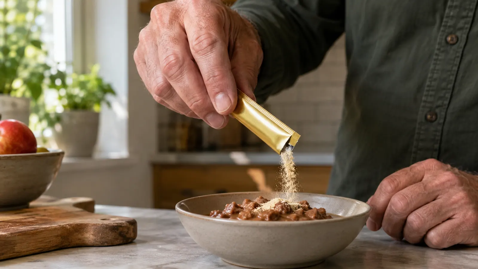 A hand sprinkling a powder supplement over a cat's meal
