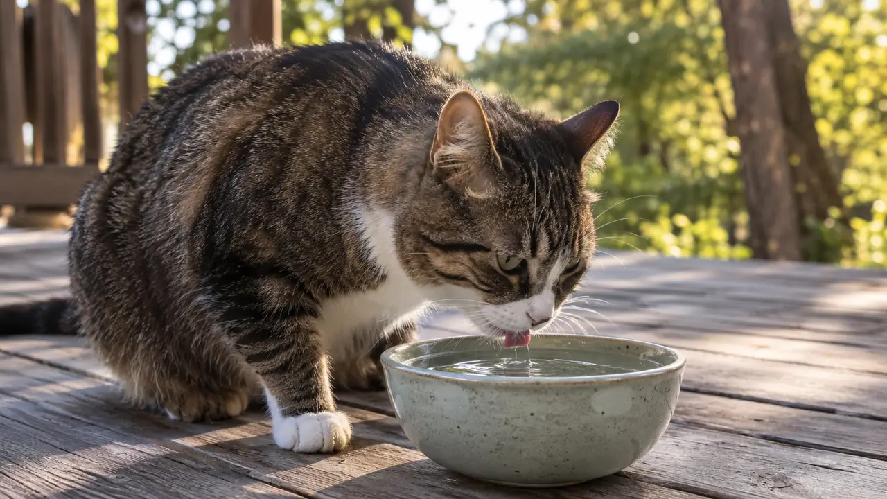 An adult cat drinking from a water bowl on a back deck