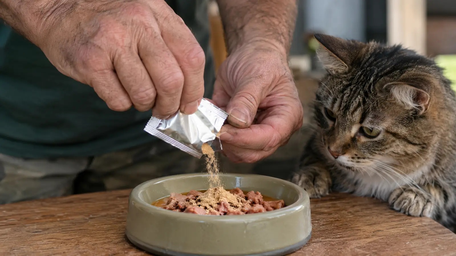 a hand sprinkling powder from a small foil packet over wet cat food