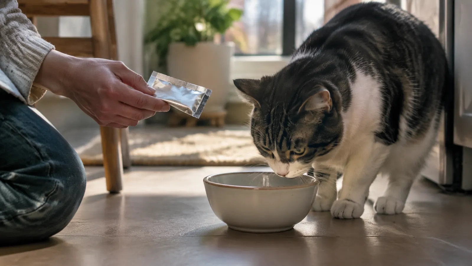 a person holding an opened packet while a cat sniffs at a food bowl
