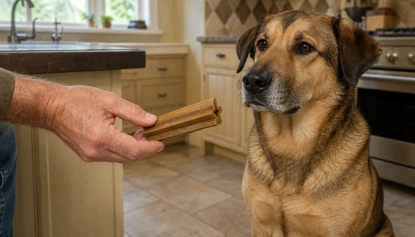 A hand offering a dental chew to a large dog sitting patiently on a kitchen floor
