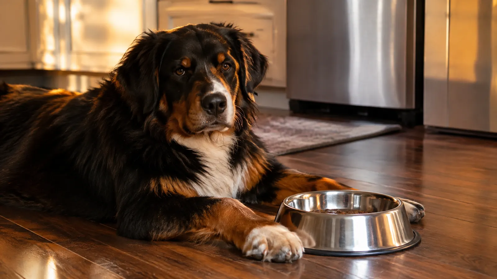 A large dog lying on a rug beside a stainless water bowl in a warm living room in the evening