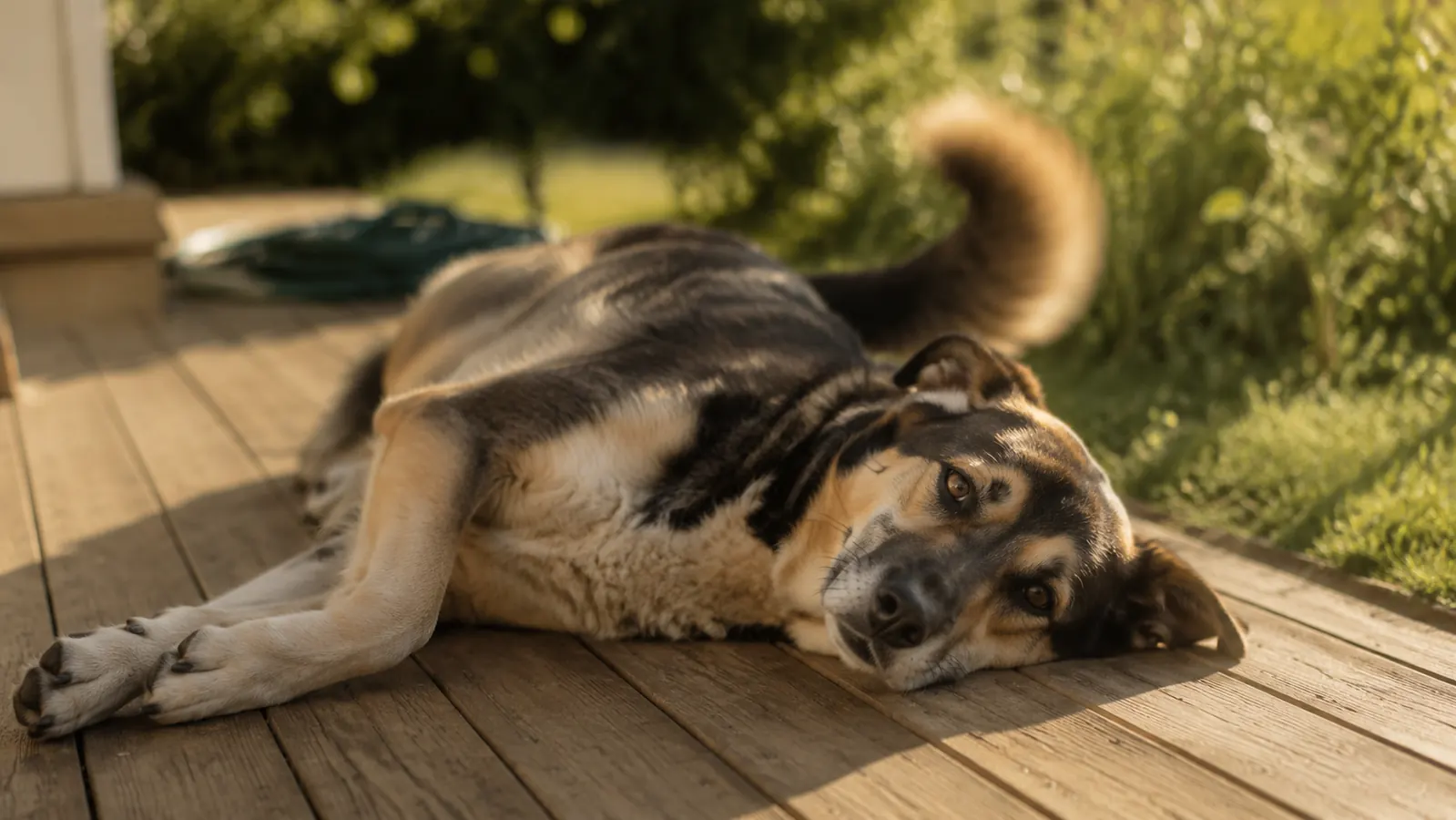 A large dog lying contentedly on a sunny back deck in late afternoon with its tail slightly blurred.