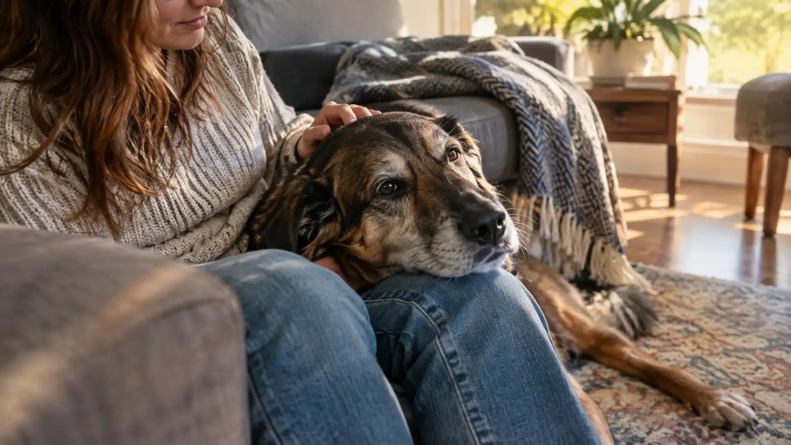 A large dog resting its head on a person's knee on a living room couch