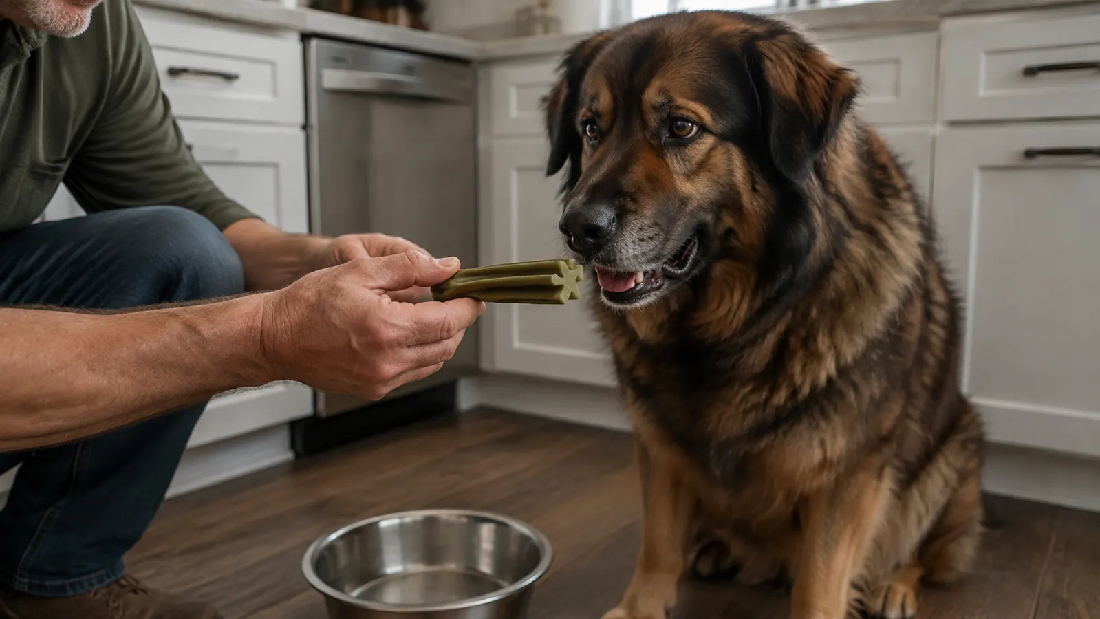 A person's hand offering the dental chew to a large dog sitting beside a stainless steel bowl