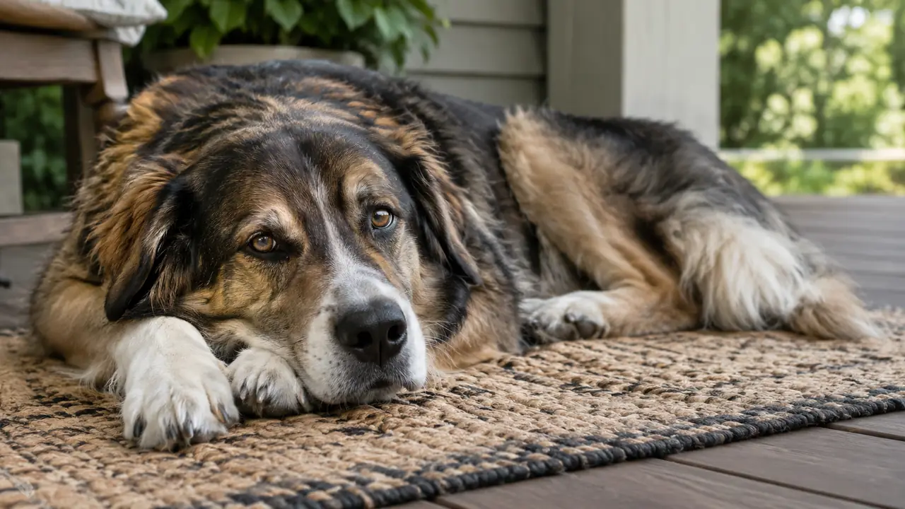 A large dog resting on a porch mat after a morning dental chew routine