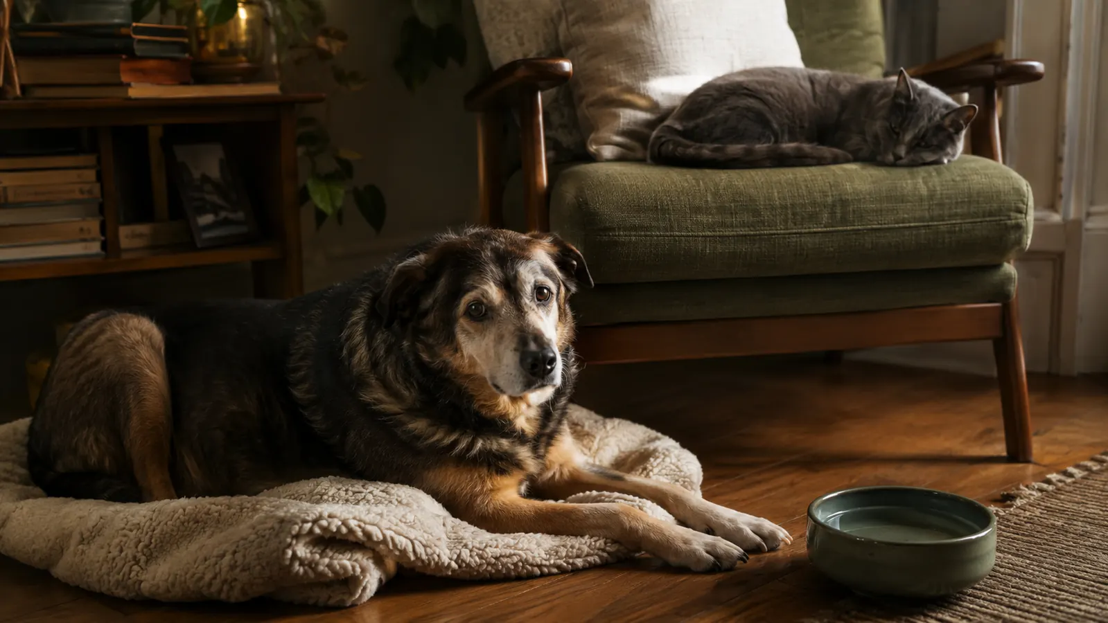An older mixed breed dog resting on a blanket on a wooden floor in warm morning light, with a gray cat curled on the armchair above