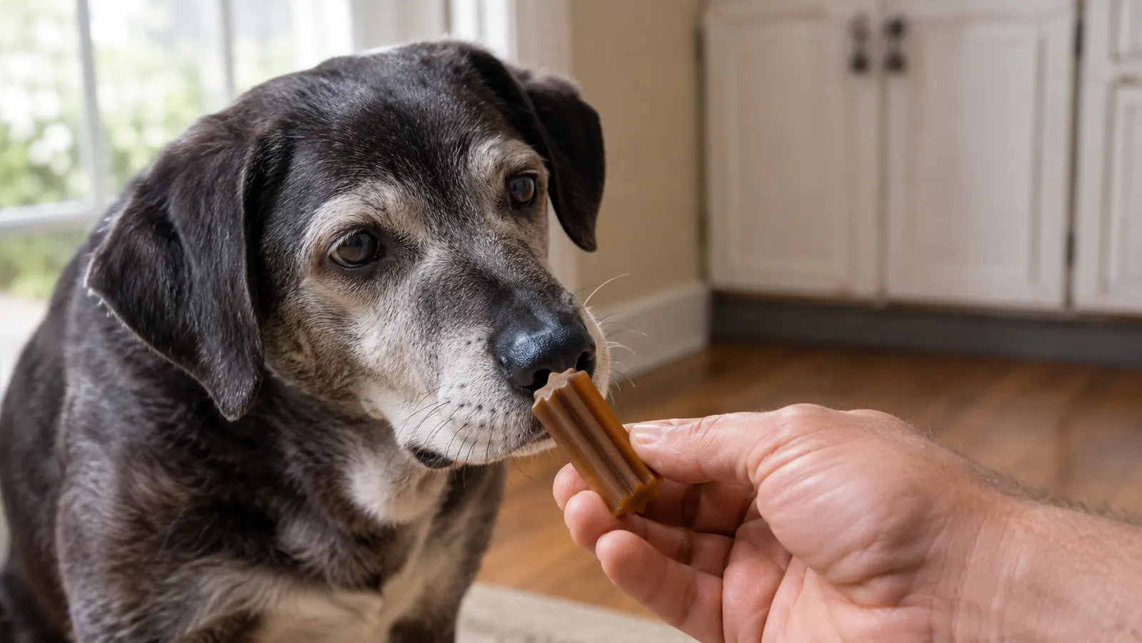 a hand offering a small chicken flavored chew to an older dog sitting patiently