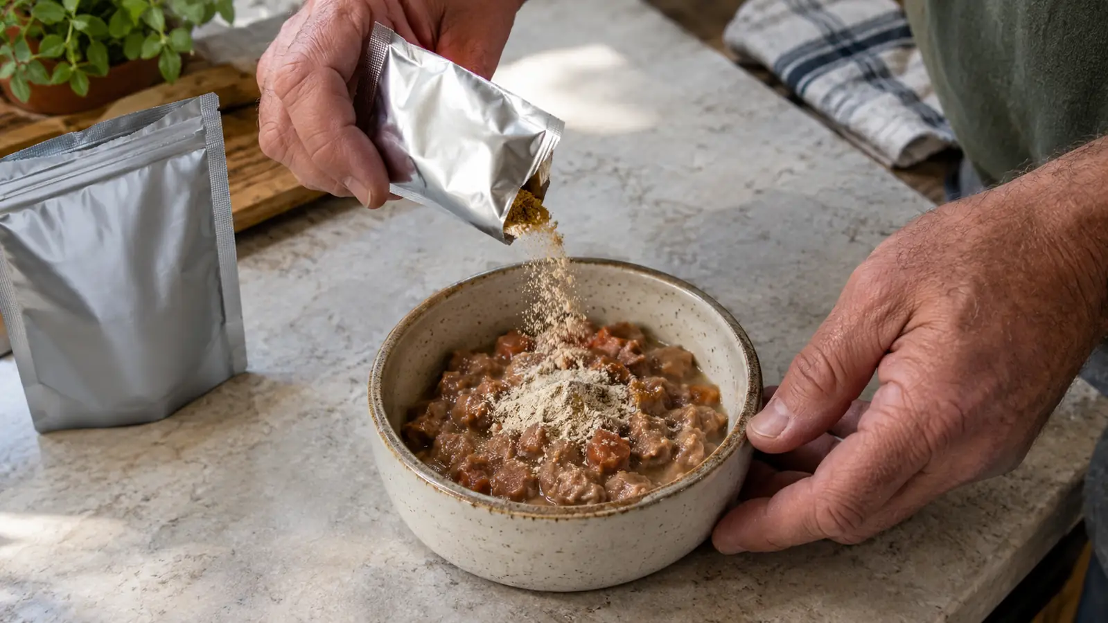 A hand sprinkling probiotic powder from a small foil packet over a cat's meal in a ceramic bowl