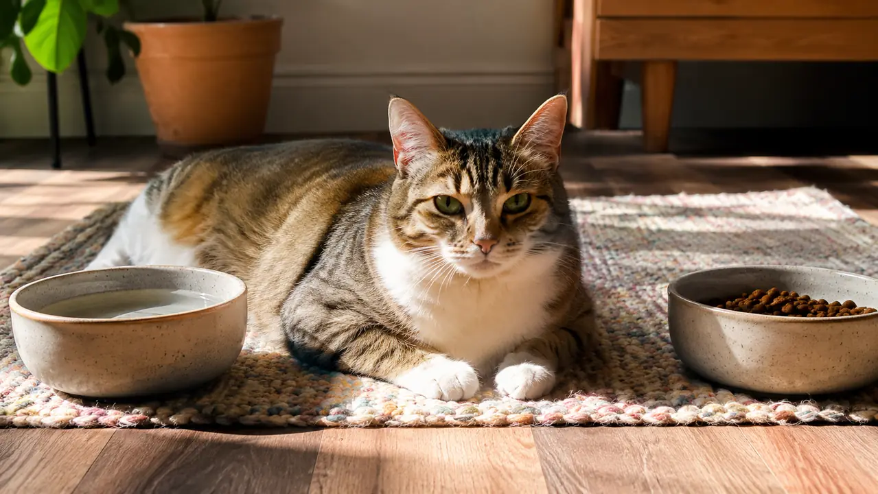 A calm cat resting on a small rug near food and water bowls in a sunlit living room