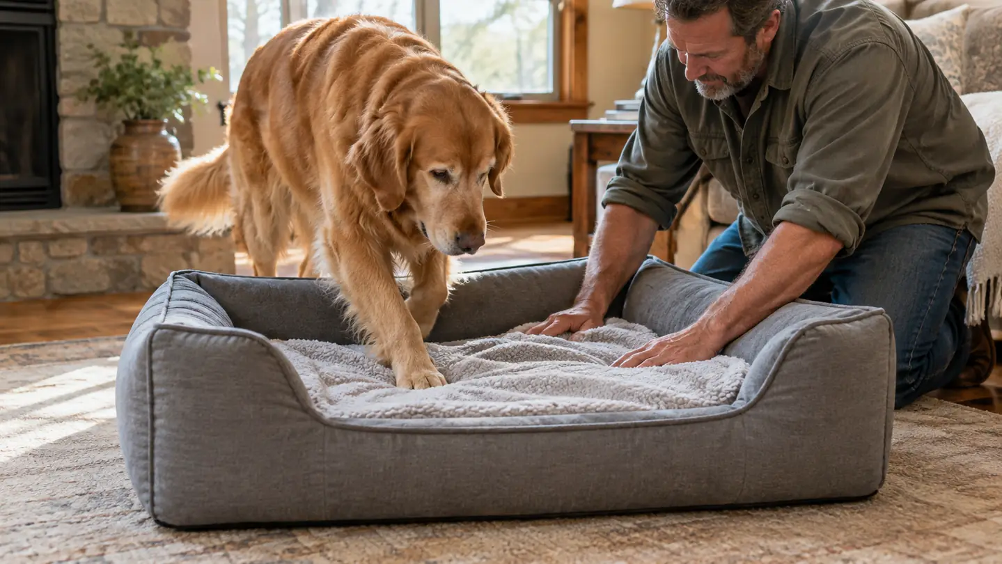 A large dog stepping onto an orthopedic dog bed with sides while a person's hand smooths a blanket