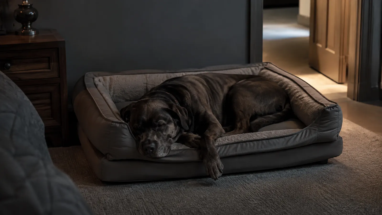 A large dog fast asleep on an orthopedic dog bed with sides in a dim bedroom at night