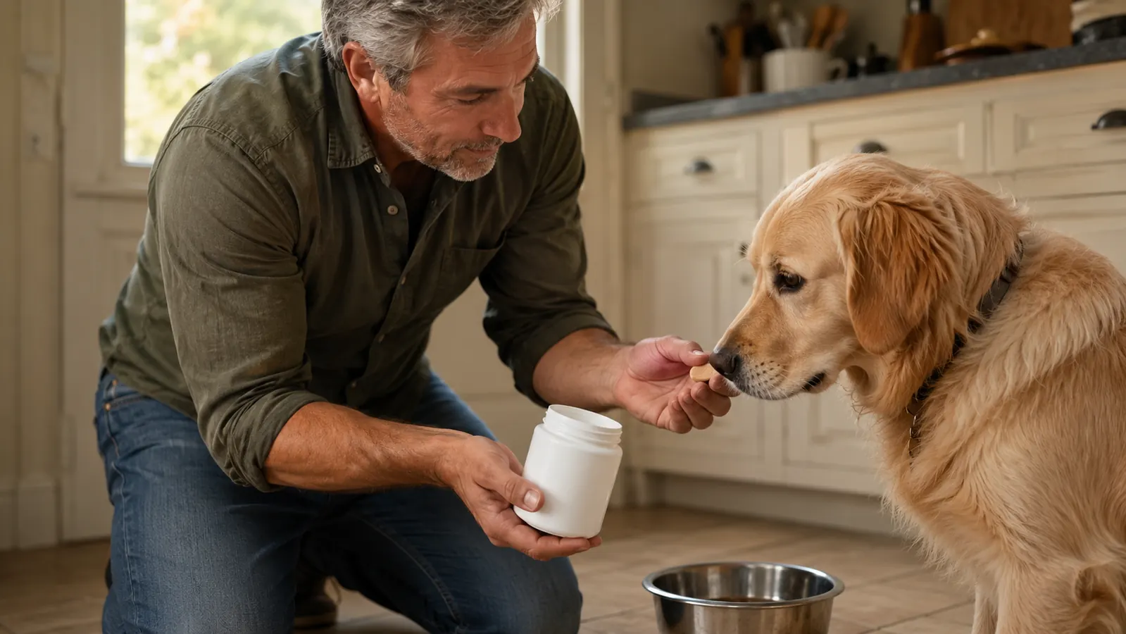 A hand offering a chewable supplement to a dog beside a food bowl on a kitchen floor