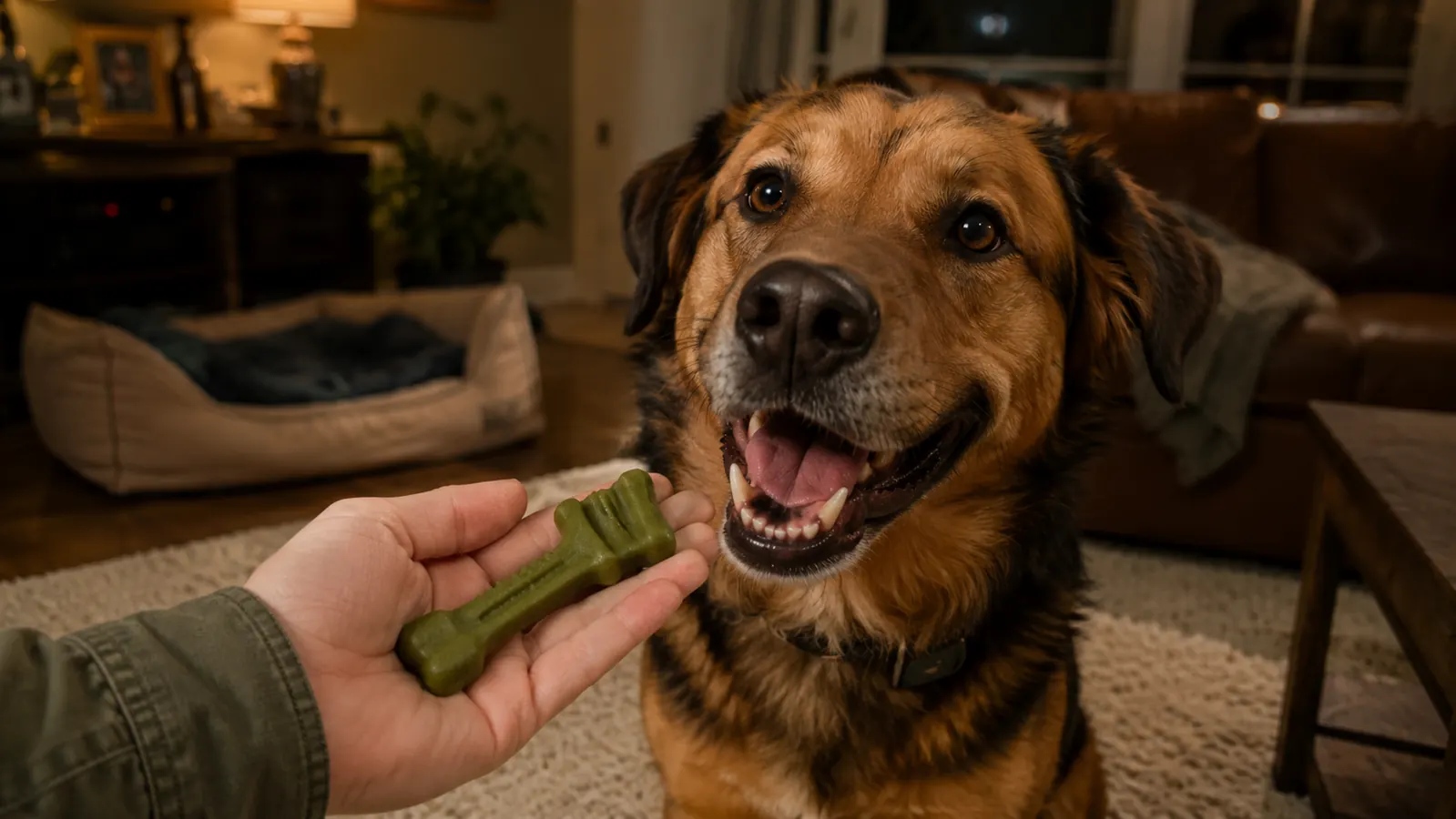 A woman's hand offering a dental chew to a large dog sitting politely on a rug in a living room.