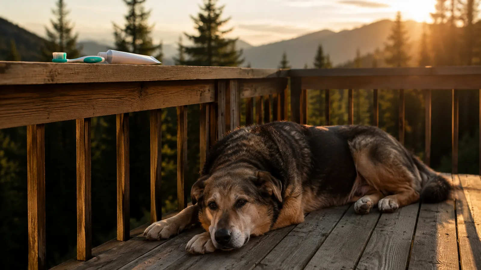 A dog toothbrush and a plain tube of toothpaste resting on a wooden deck railing while a large dog lies relaxed on the deck nearby.