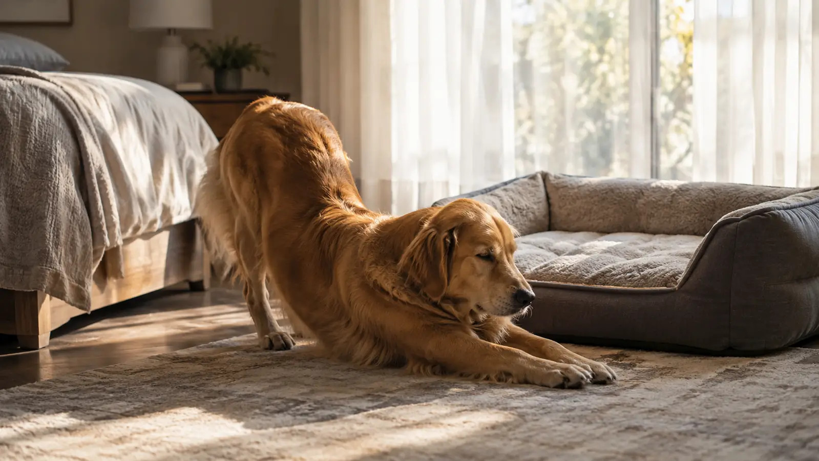 Morning light falls across a bedroom where a large dog stretches beside an orthopedic dog bed after waking.