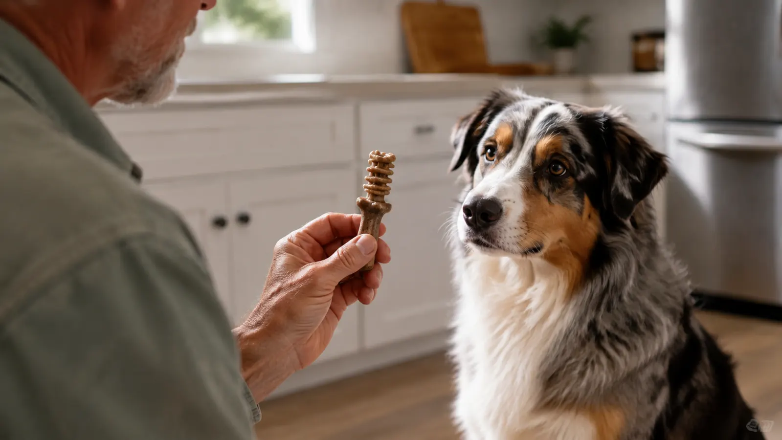 A hand offering a chew to a dog sitting patiently in a bright kitchen