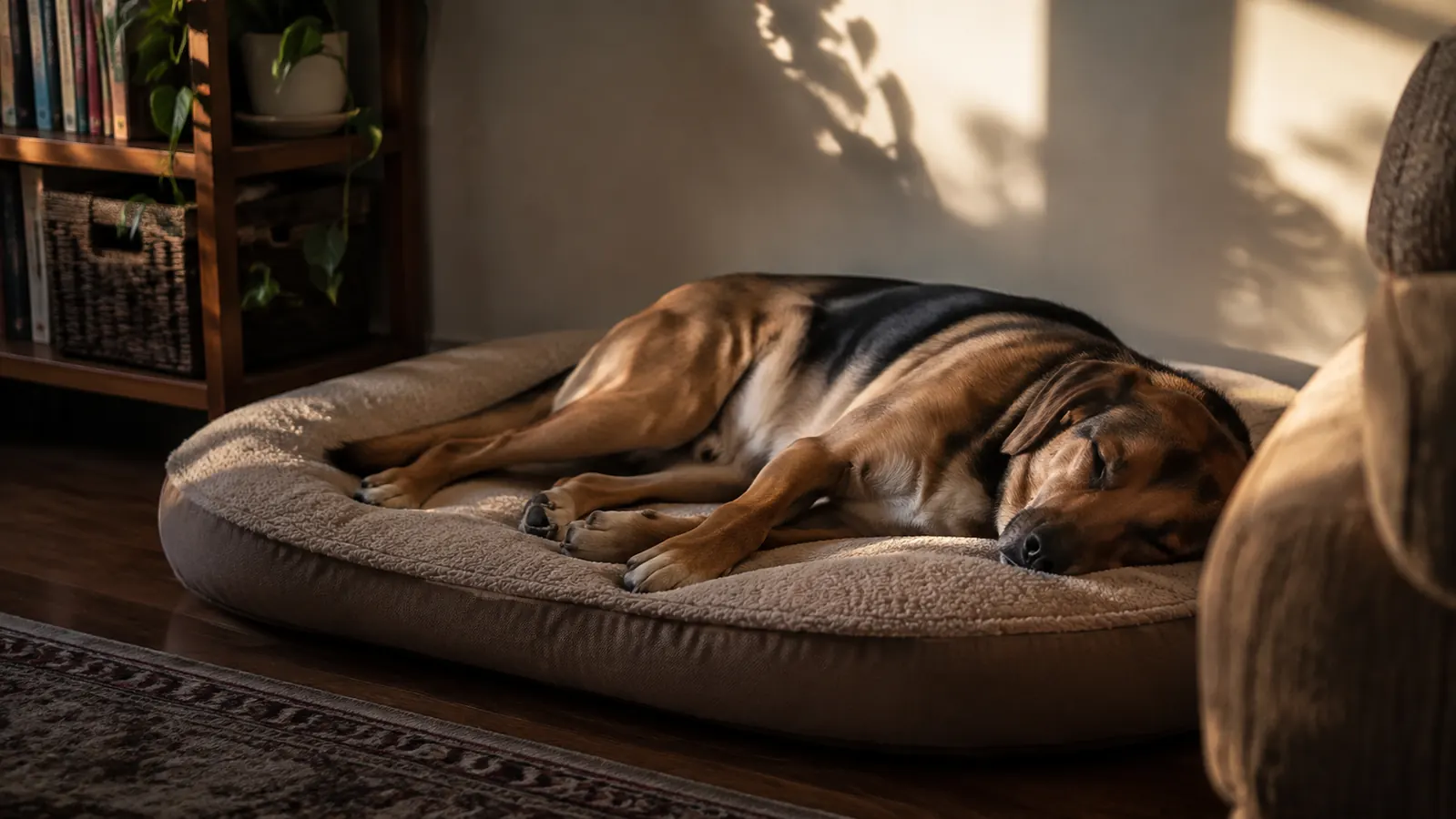 A dog curled up and asleep on its own bed in a corner of a living room