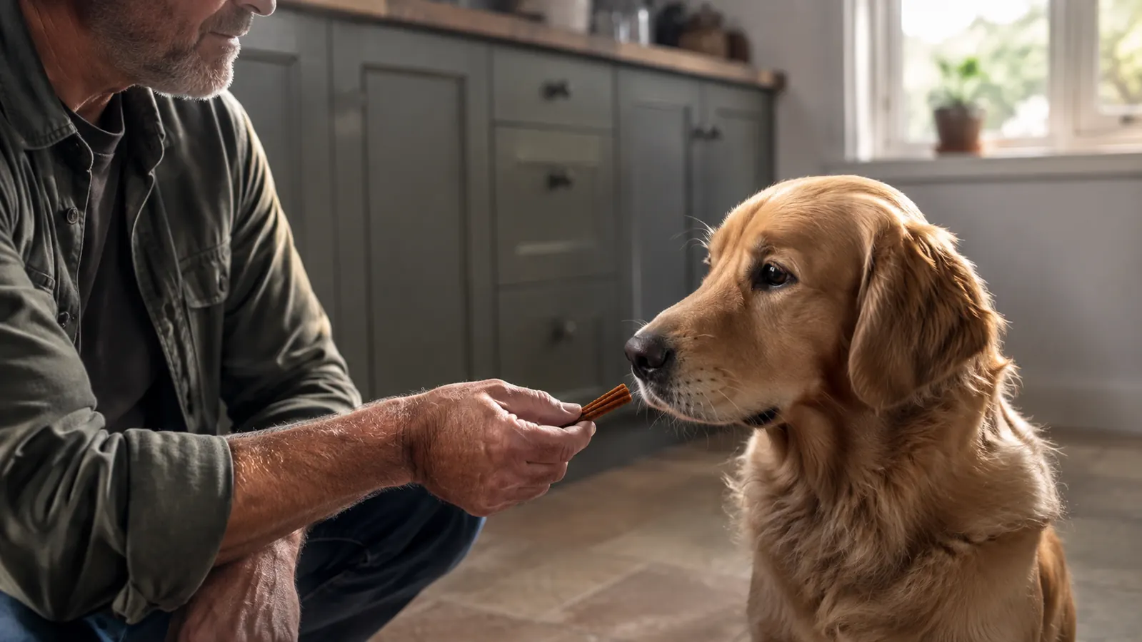 A person's open hand offering a small chew to a dog sitting patiently on a kitchen floor
