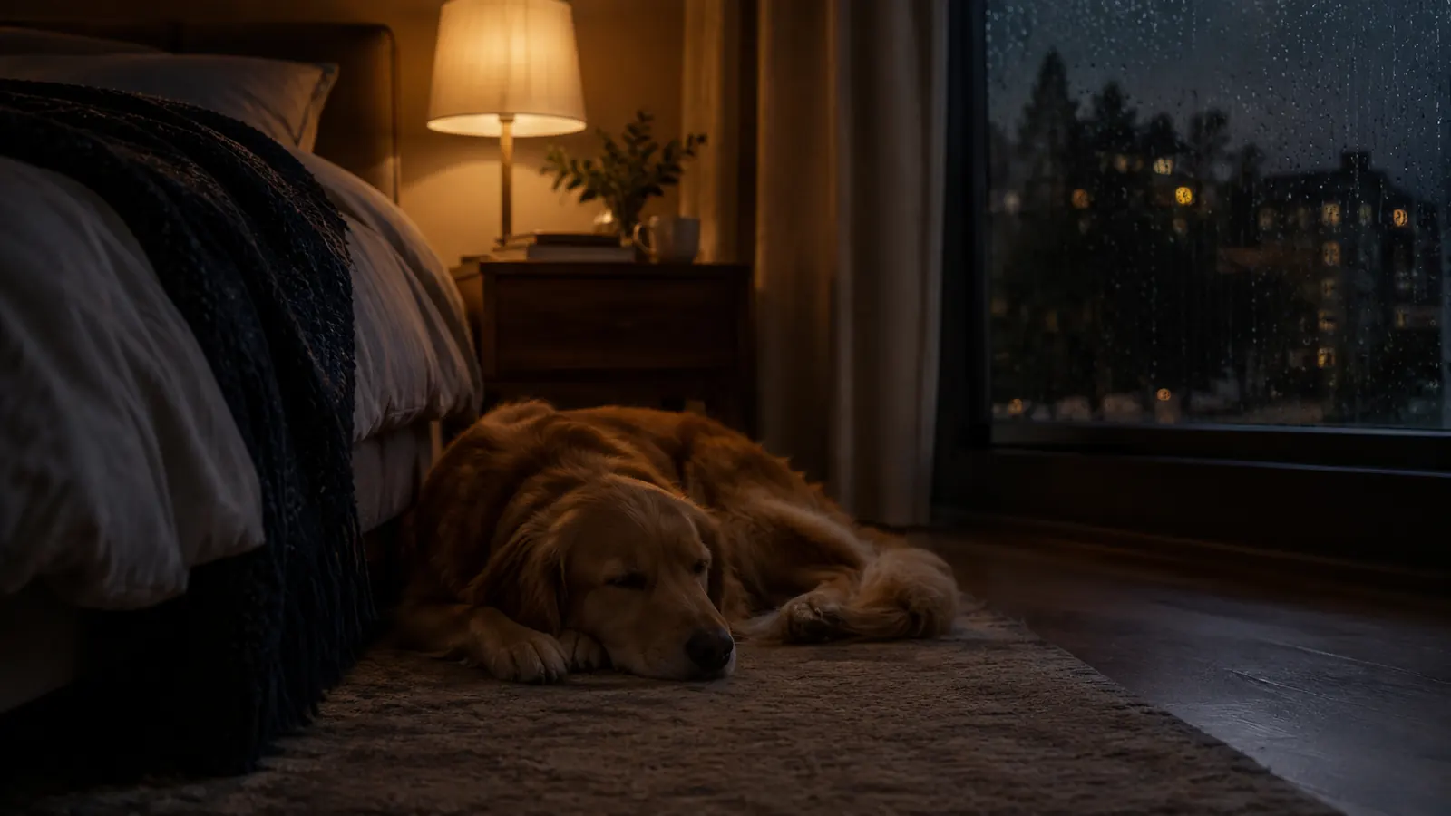 A dog sleeping on a rug beside a bed while rain streaks a nearby window at night