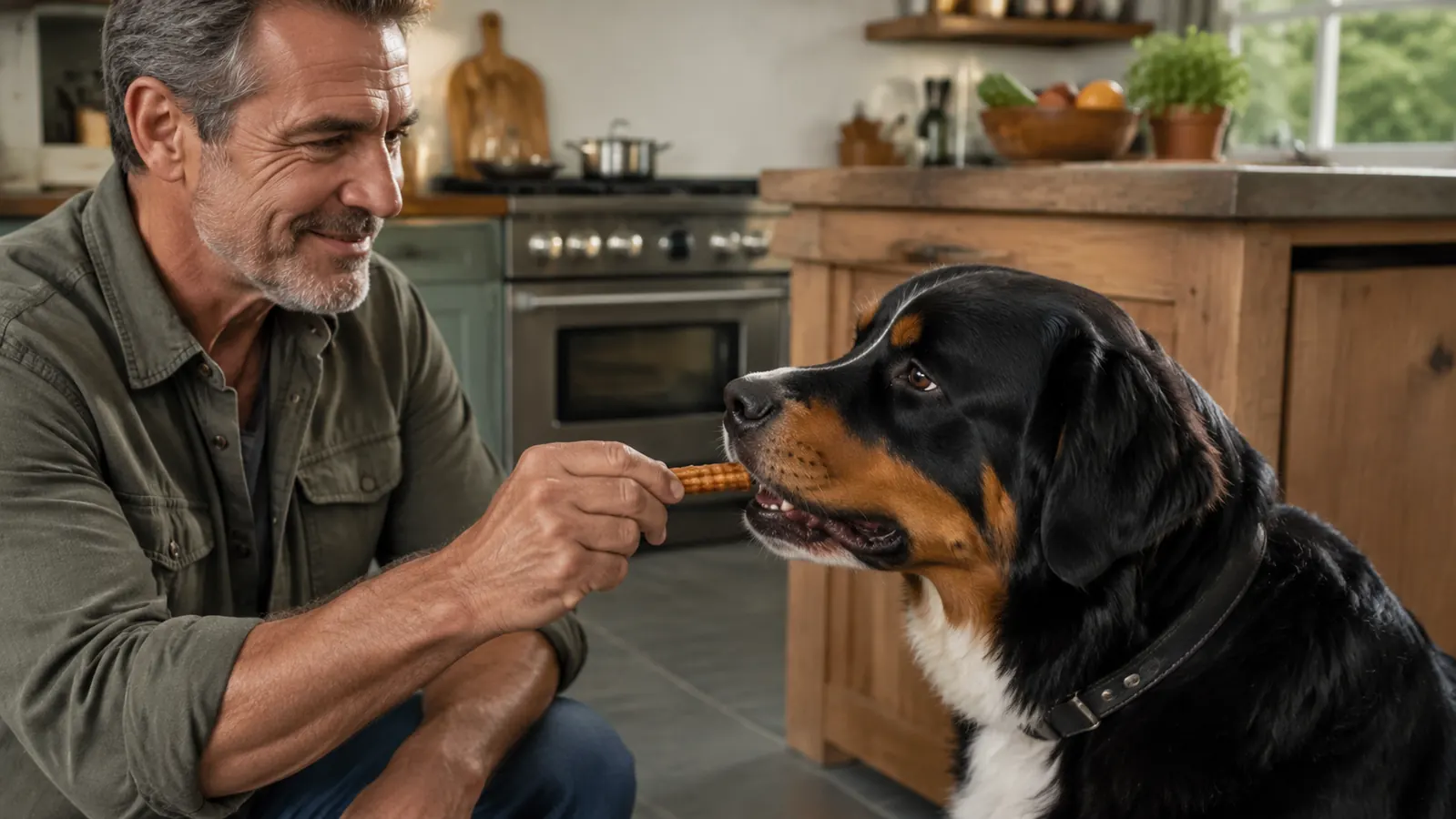 A hand offering a chicken flavored chew to a large dog in a kitchen