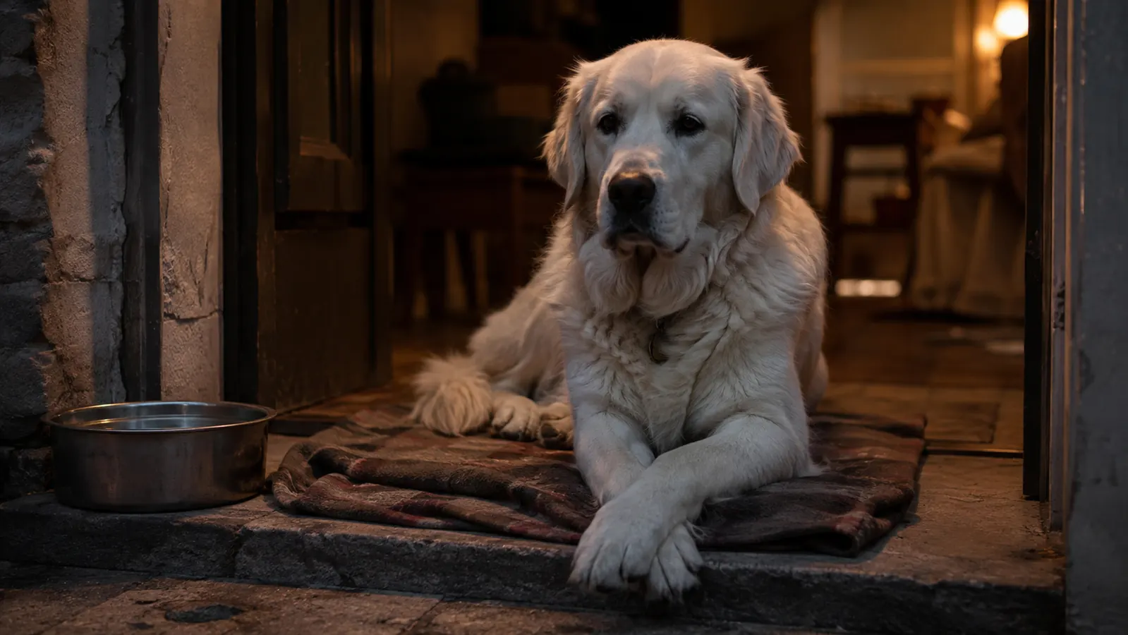 A relaxed large dog stretched out on a blanket in evening light